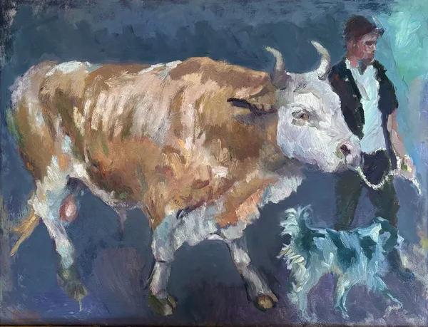 SIMMENTAL BULL FARMER &amp; DOG 2020 | oil on canvas